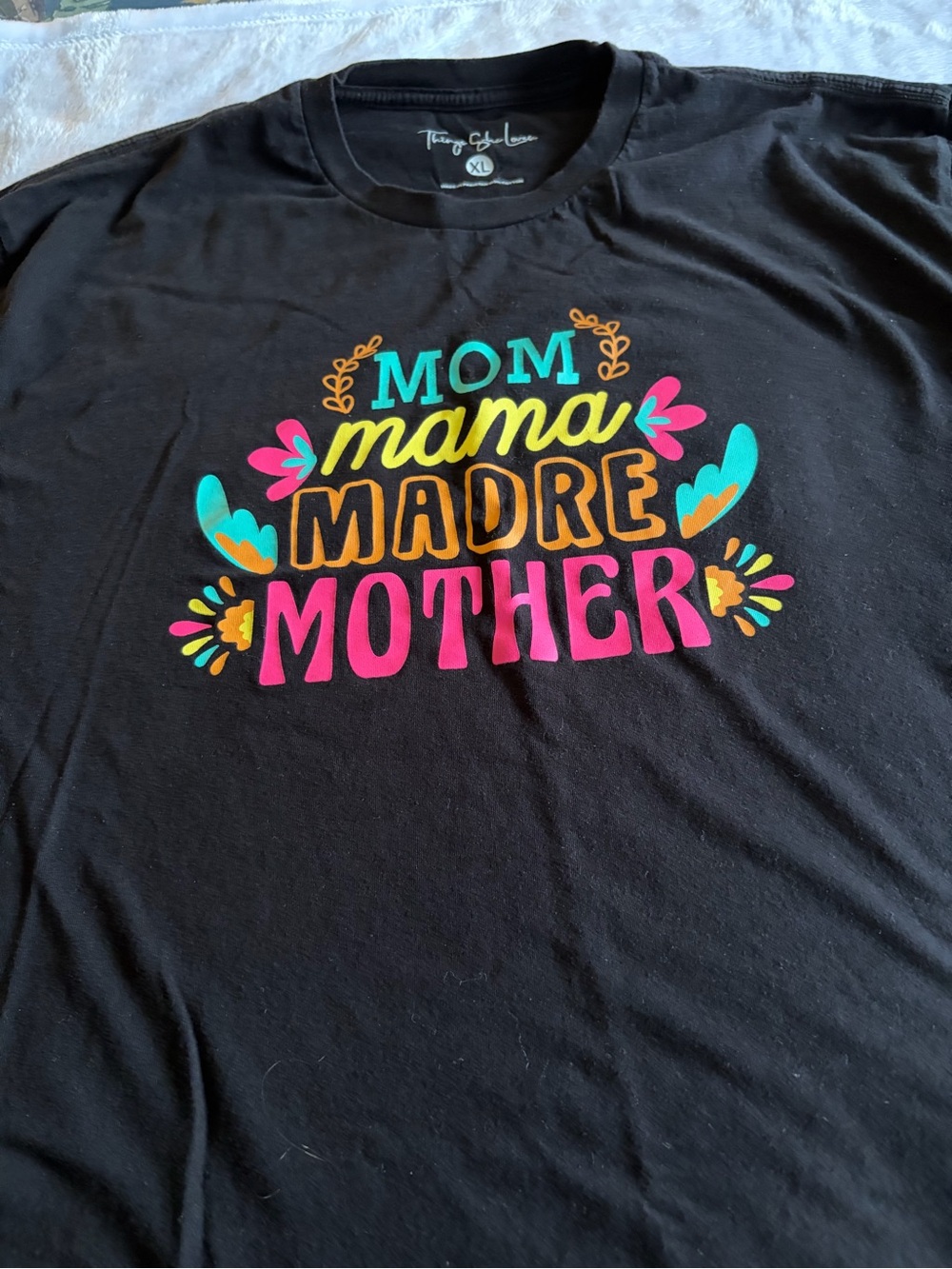 Tommy Bahama Black Tee with Multicolor "Mom Mama Madre Mother" Graphic